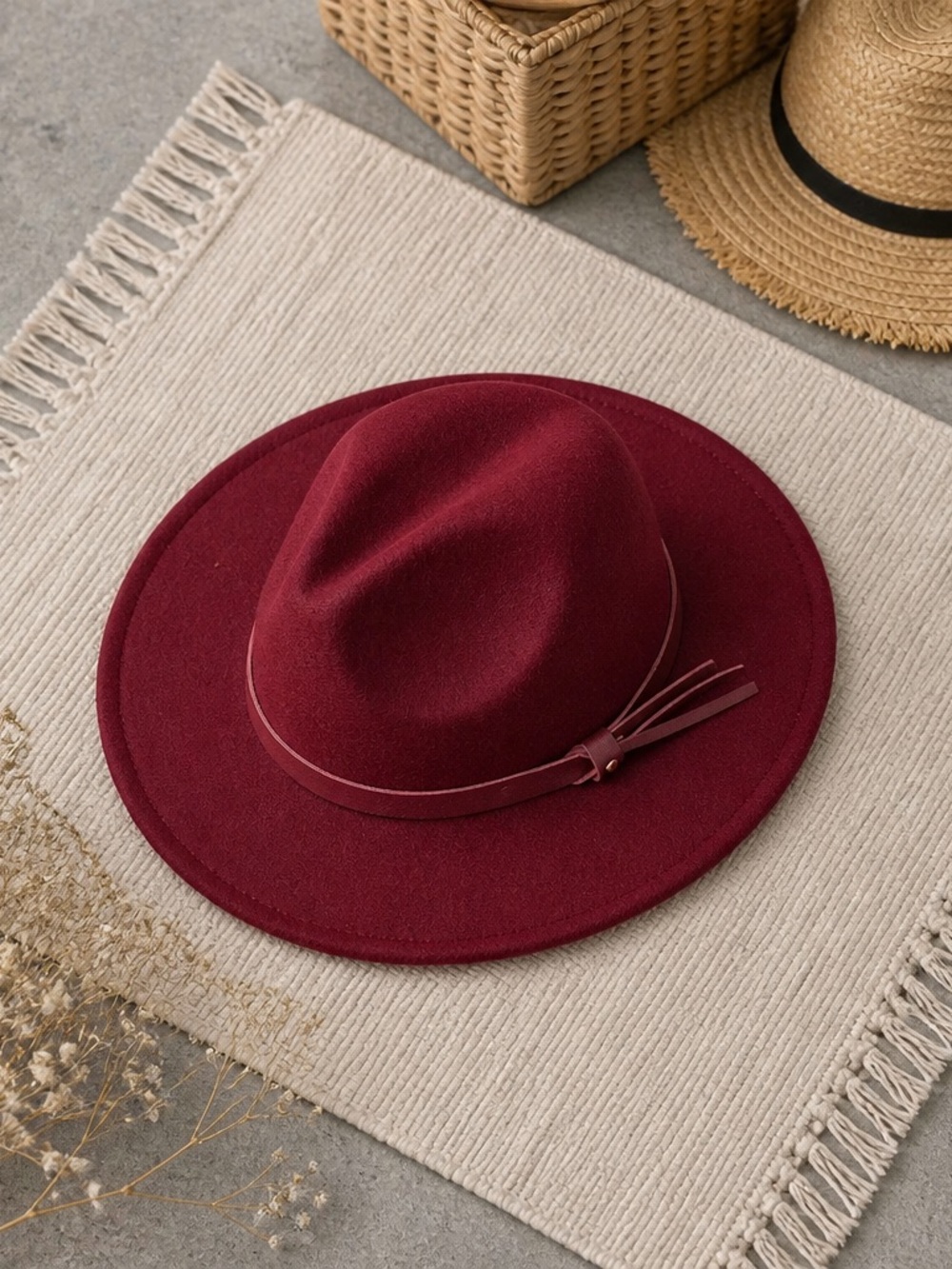 Women’s Burgundy Felt Fedora with Slim Leather Band